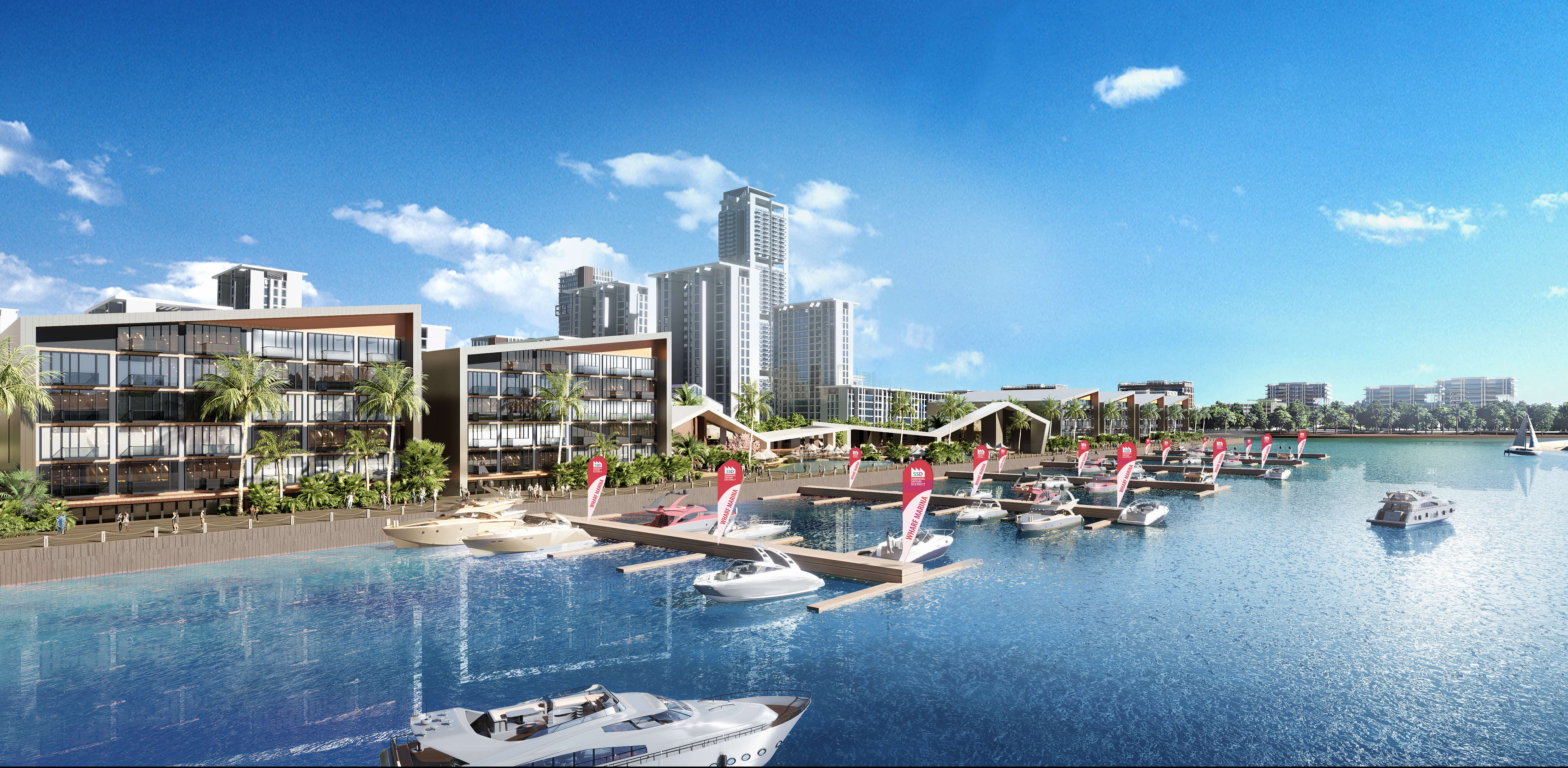 Conceptual sketch of a mix of low-rise and high-rise housing developments along the waterfront with a marina.